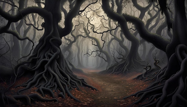 Een zwart-wit Halloween illustratie boom in het bos en donkere mistige geesten zeer horror moi