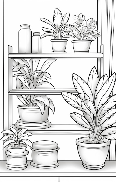 een zwart-wit illustratie van een plank met potplanten generatieve ai