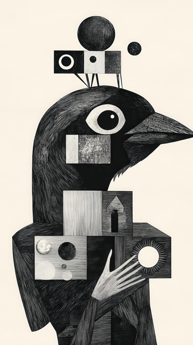Foto een zwart-wit illustratie van een vogel met geometrische vormen op zijn hoofd en lichaam