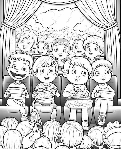 Foto een zwart-wit illustratie van kinderen die een film bekijken in een theater generatieve ai