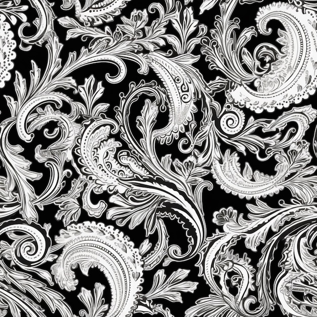 een zwart-wit paisley patroon met een zwarte achtergrond generatieve ai