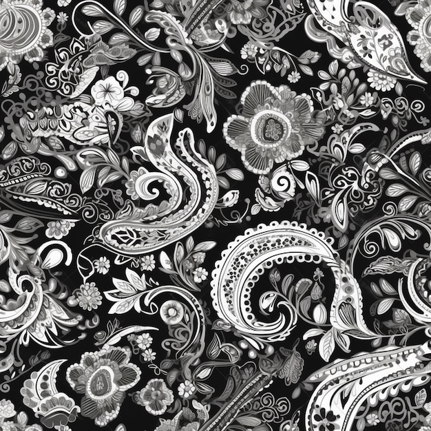 een zwart-wit paisley print stof met een heleboel bloemen generatieve ai