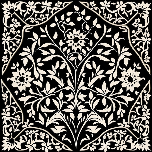 Een zwart-wit patroon met bloemen erop.