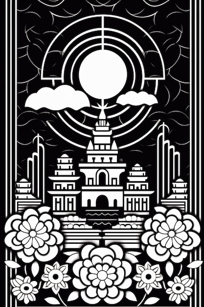 een zwart-wit poster met een afbeelding van een tempel en wolken.