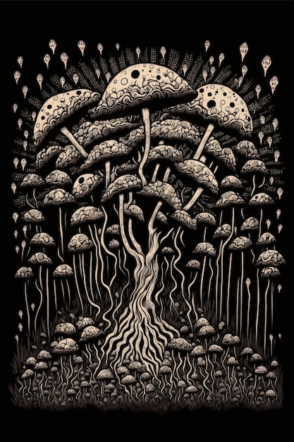 Foto een zwart-wit poster met een boom met wortels en de woorden 