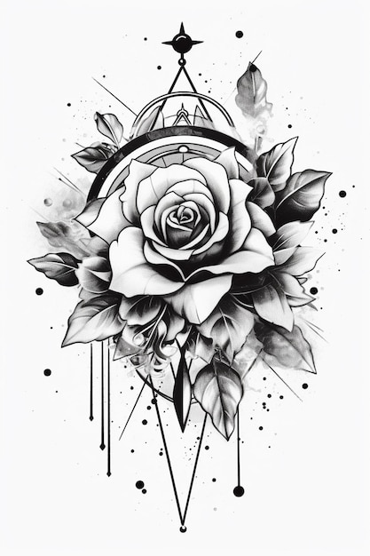Foto een zwart-wit roos tattoo-ontwerp met een kompas generatieve ai