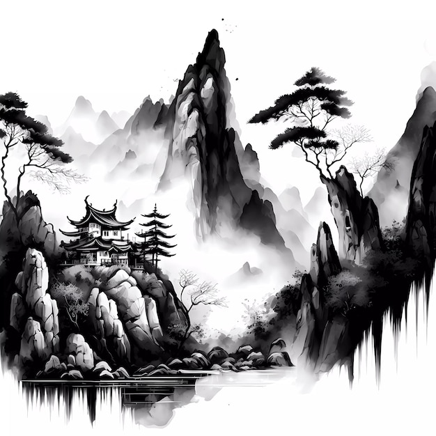 Een zwart-wit schilderij van een berglandschap met een pagode en bomen.