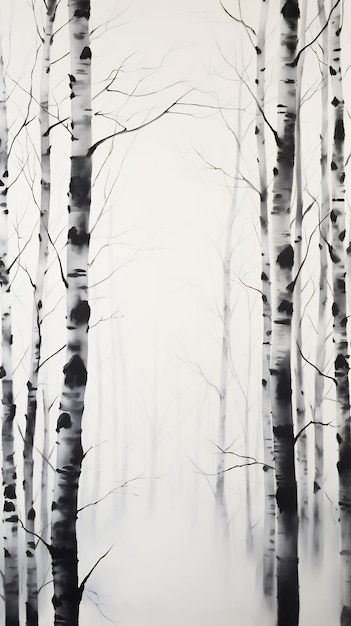 een zwart-wit schilderij van een bos met berkenbomen op de achtergrond.