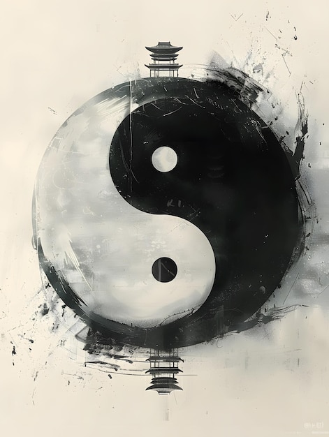 Foto een zwart-wit schilderij van een yin yang symbool met een tempel op de achtergrond