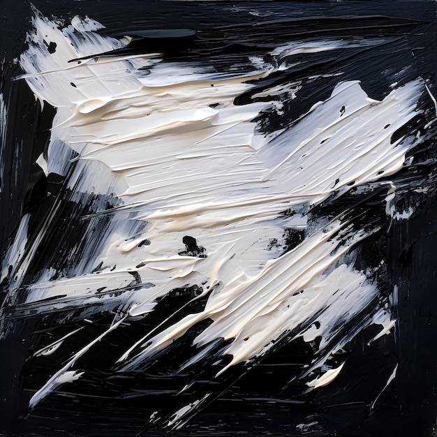 een zwart-wit schilderij van witte en zwarte verf met een zwarte achtergrond.