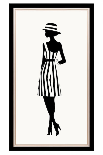 een zwart-wit silhouet van een vrouw in een jurk en hoed