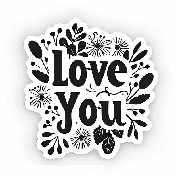 Een zwart-wit sticker met de tekst "I love you"