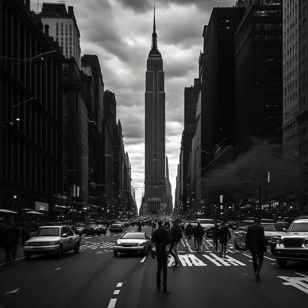 Een zwart-wit straatfotografie van een druk New York City