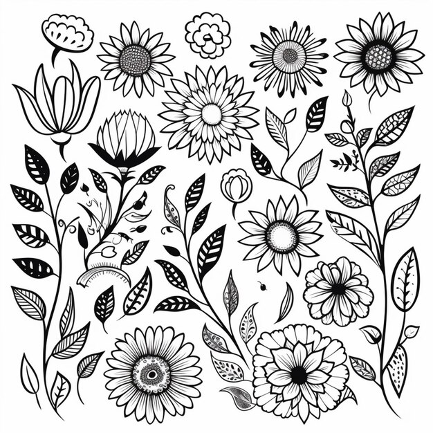 een zwart-wit tekening van bloemen en bladeren generatieve ai