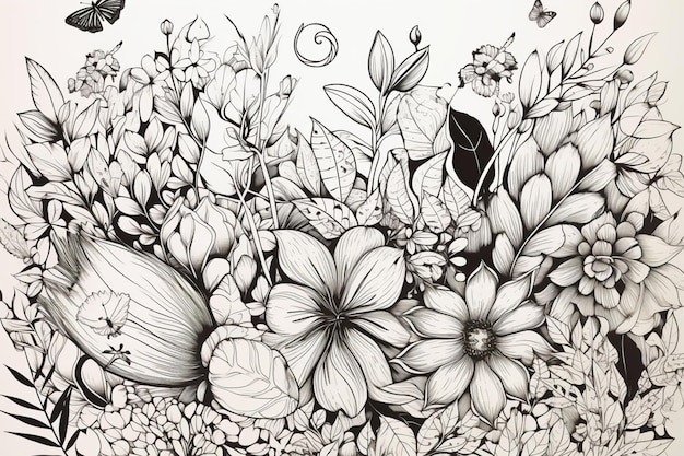 Een zwart-wit tekening van bloemen met vlinders.