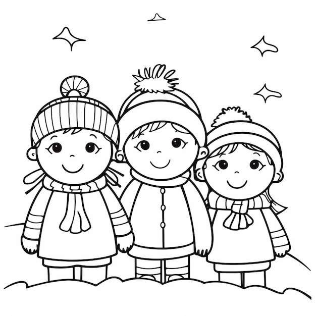 een zwart-wit tekening van drie kinderen in winterkleren generatieve ai