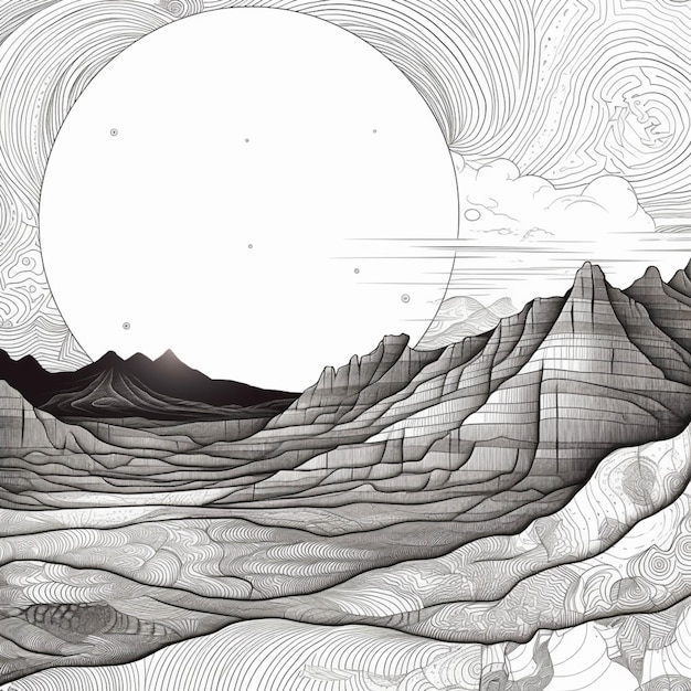 Een zwart-wit tekening van een bergketen met een generatieve ai van de volle maan