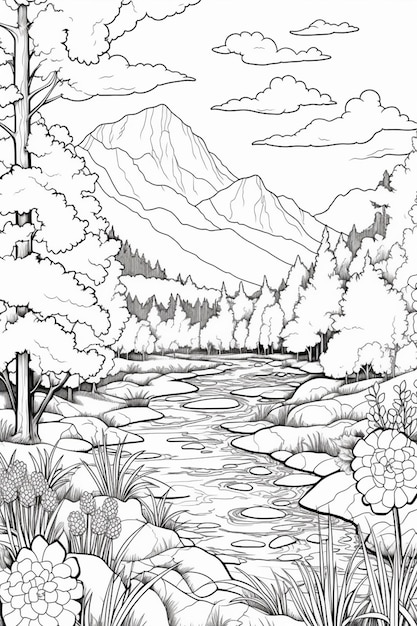 Een zwart-wit tekening van een bergrivier met bomen en struiken generatieve ai