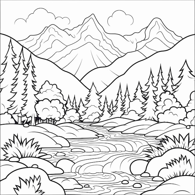 Een zwart-wit tekening van een bergscène met een rivier generatieve ai