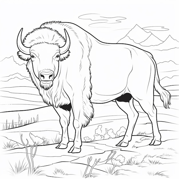 een zwart-wit tekening van een bizon die in een veld staat generatieve ai