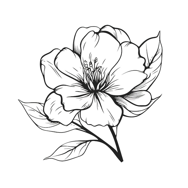 Een zwart-wit tekening van een bloem met bladeren en het woord appel erop.