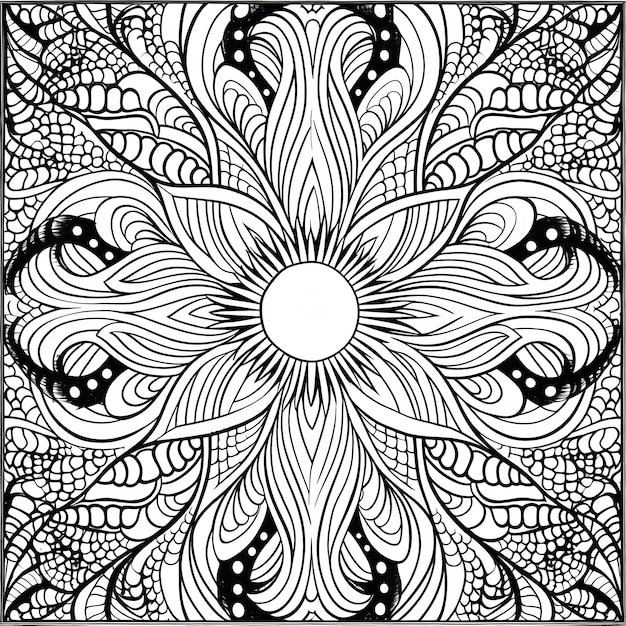 Een zwart-wit tekening van een bloem met de zon in het midden.