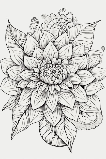 Een zwart-wit tekening van een bloem met een blad en het woord "lotus" erop.