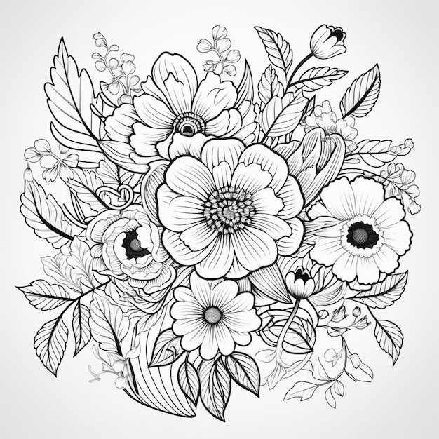 een zwart-wit tekening van een boeket bloemen generatieve ai