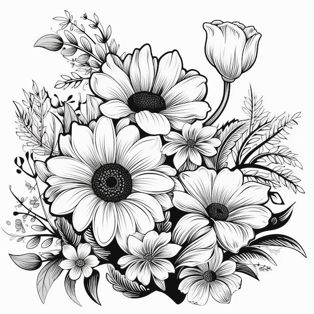 Een zwart-wit tekening van een boeket bloemen generatieve ai