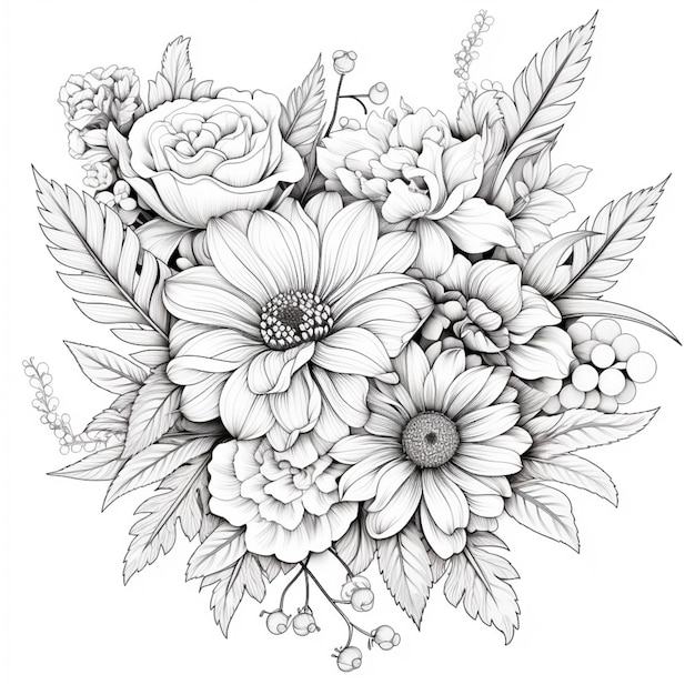 Een zwart-wit tekening van een boeket bloemen generatieve ai