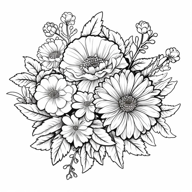 Een zwart-wit tekening van een boeket bloemen generatieve ai