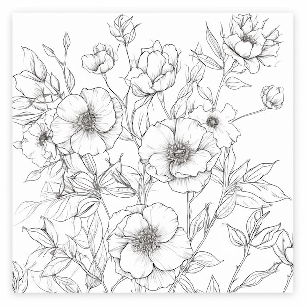 Een zwart-wit tekening van een boeket bloemen.