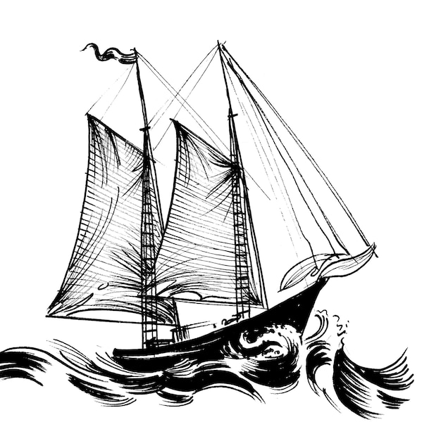 Een zwart-wit tekening van een boot met het woord zee erop.