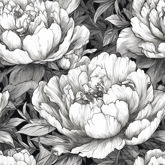een zwart-wit tekening van een bos bloemen generatieve ai