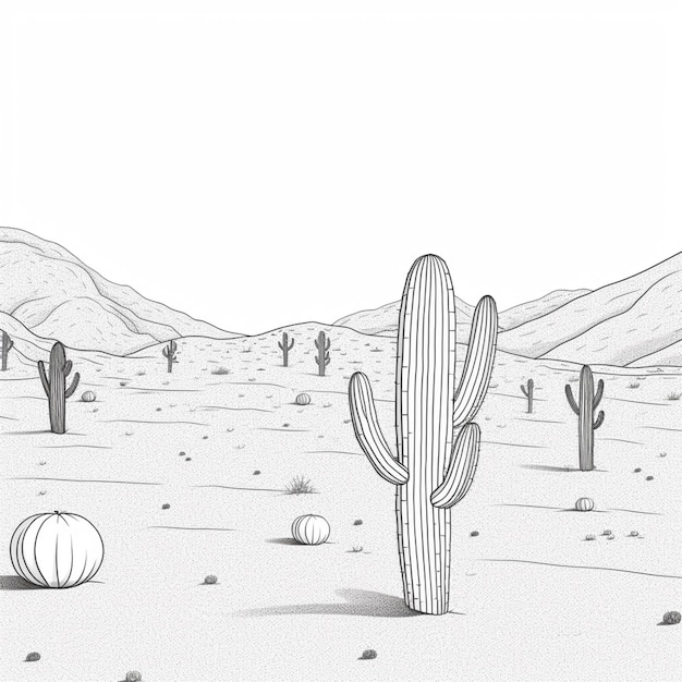 Een zwart-wit tekening van een cactus met een woestijnlandschap op de achtergrond.