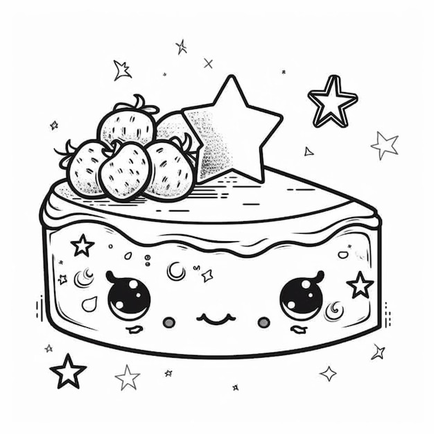 Een zwart-wit tekening van een cake met aardbeien bovenop generatieve ai