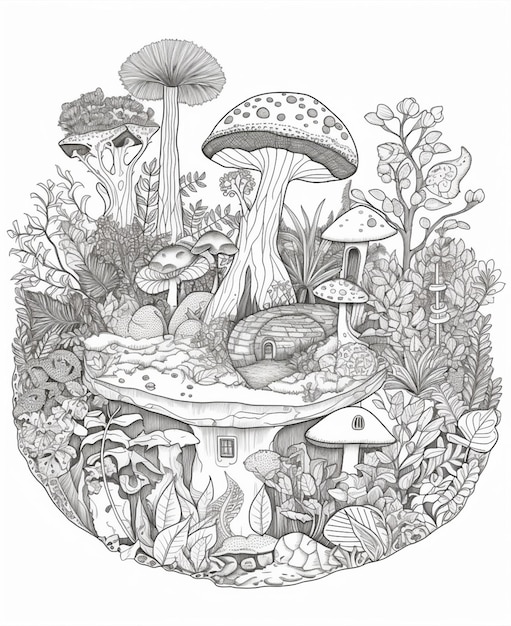 Een zwart-wit tekening van een champignonpot met champignons en een champignonhuis.