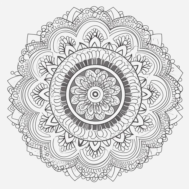 Een zwart-wit tekening van een circulaire bloem generatieve ai