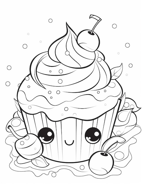 Een zwart-wit tekening van een cupcake met een kers op de taart generatieve ai