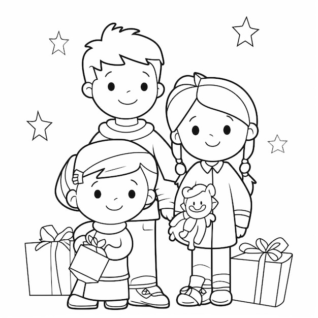 een zwart-wit tekening van een gezin met cadeautjes generatieve ai
