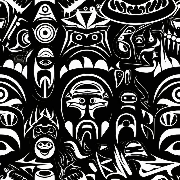 Een zwart-wit tekening van een groep mensen met gezichten generatieve ai
