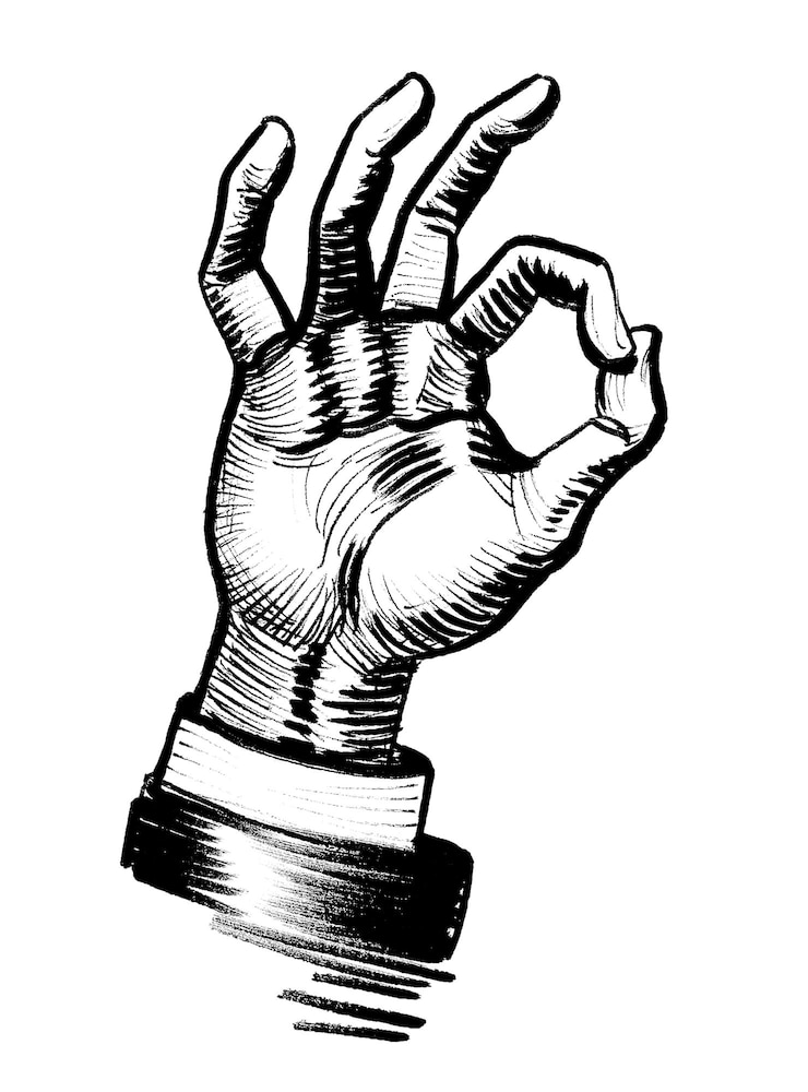 Foto een zwart-wit tekening van een hand die een goed teken geeft.