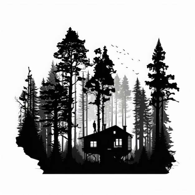 Een zwart-wit tekening van een huis in een bos.
