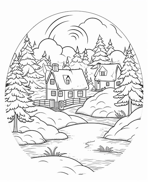 een zwart-wit tekening van een huis in het bos generatieve ai