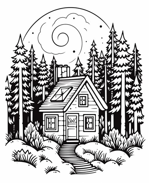 een zwart-wit tekening van een huis in het bos generatieve ai