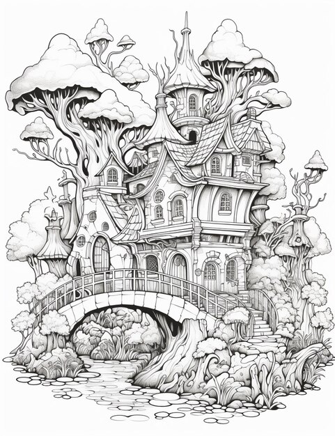 een zwart-wit tekening van een huis met een brug eroverheen generatieve ai