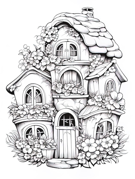 een zwart-wit tekening van een huis met een huis en bloemen