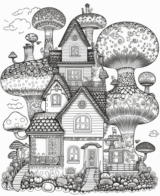 Een zwart-wit tekening van een huis met een paddenstoelenhuisje erop.