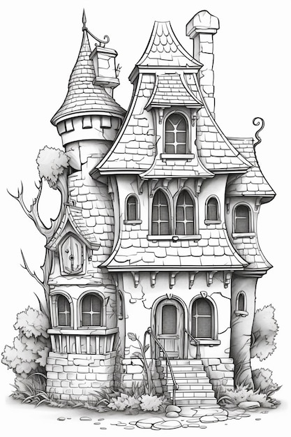 een zwart-wit tekening van een huis met een torentje generatieve ai