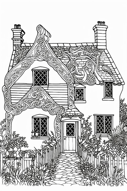 Een zwart-wit tekening van een huis met een tuin generatieve ai